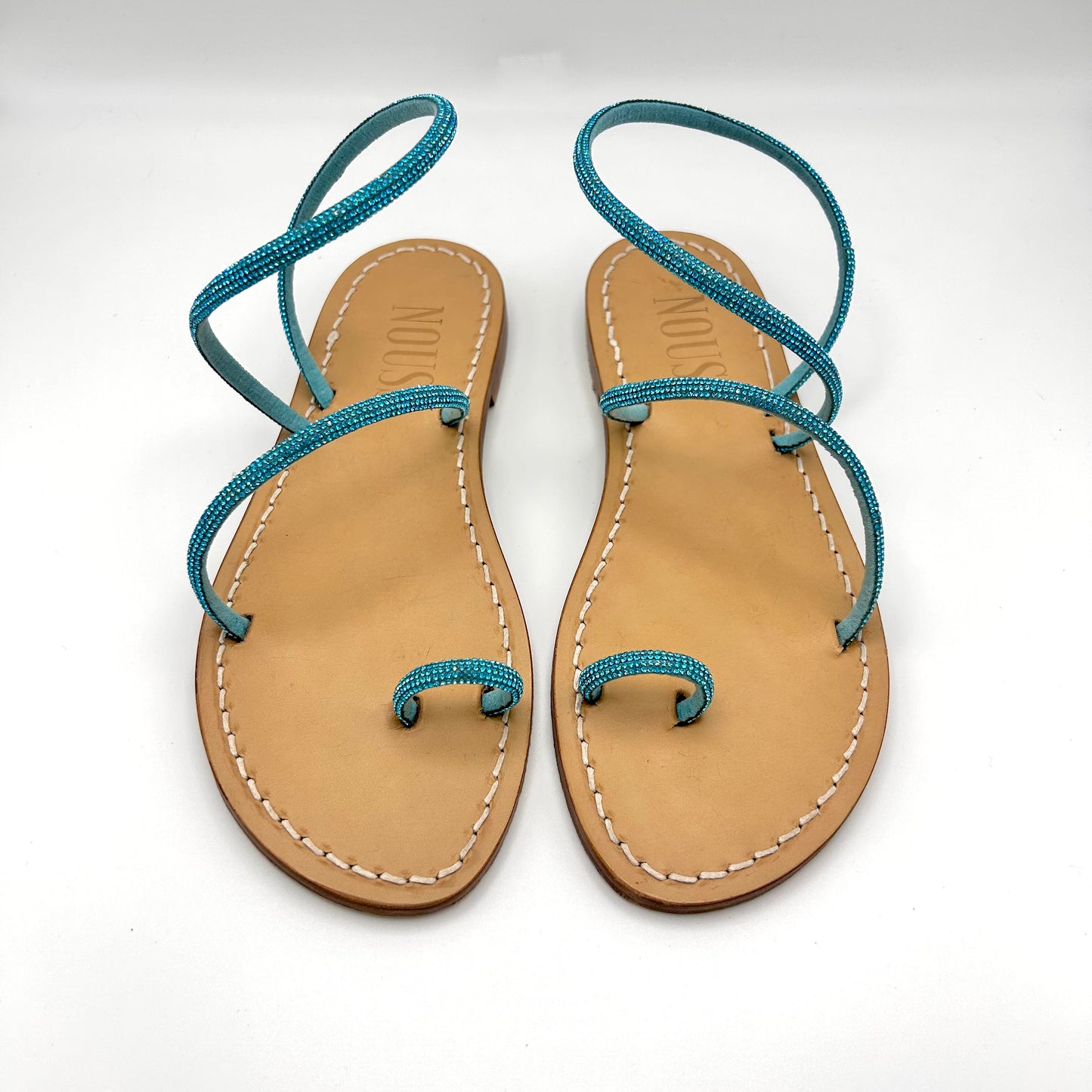 Sandales Femme Cuir Strass Bleu Clair Barcelone - Face