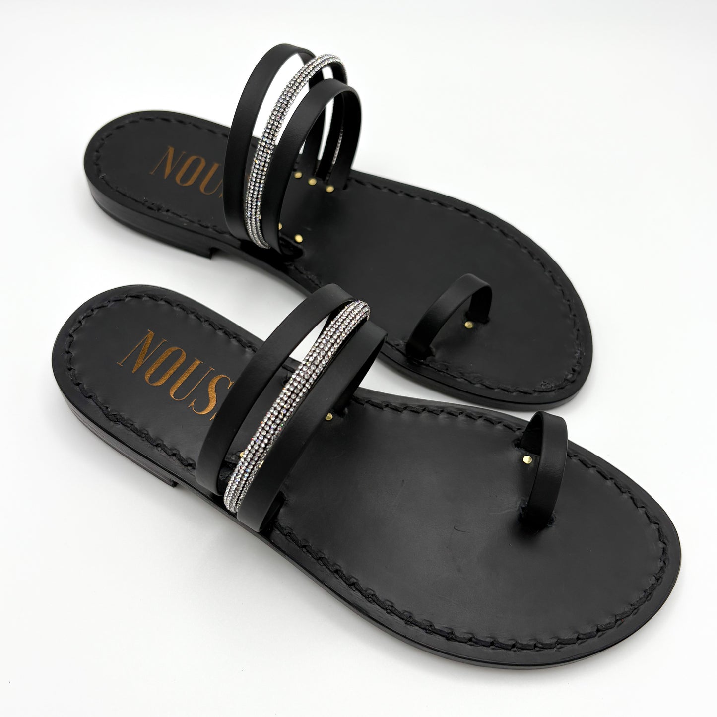 Sandales Femme Cuir Strass Noir - Côté