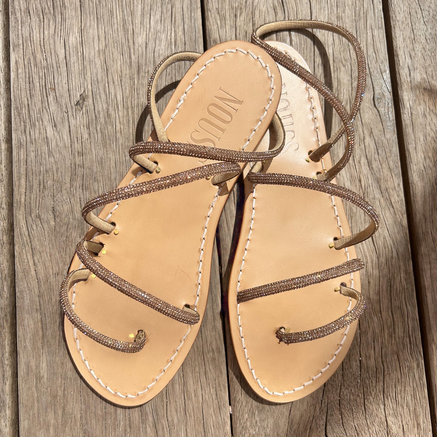Sandales Femme Cuir Strass Or Cannes - Dessus