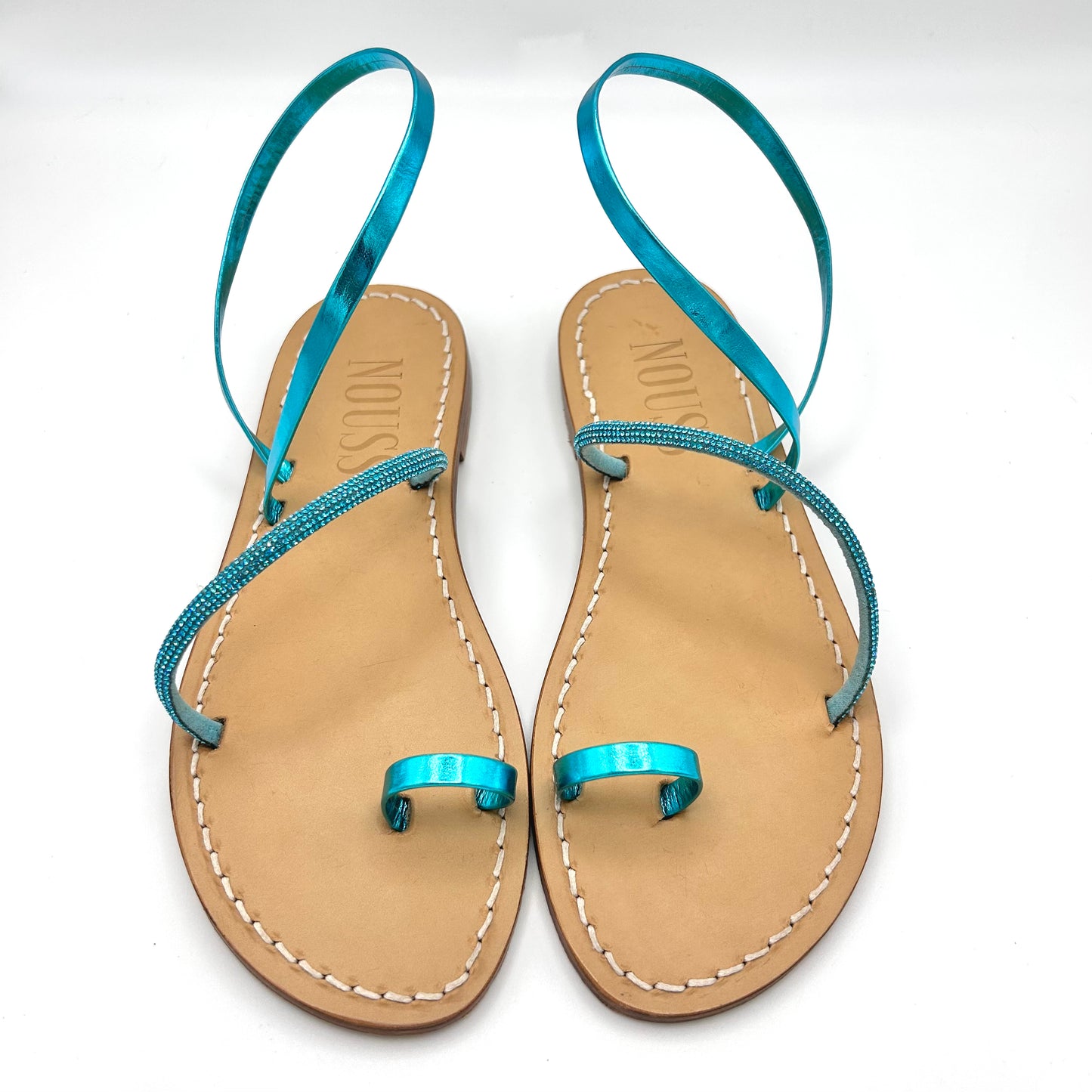Sandales Femme Cuir Strass Turquoise/ Bleu Clair Barcelone - Face