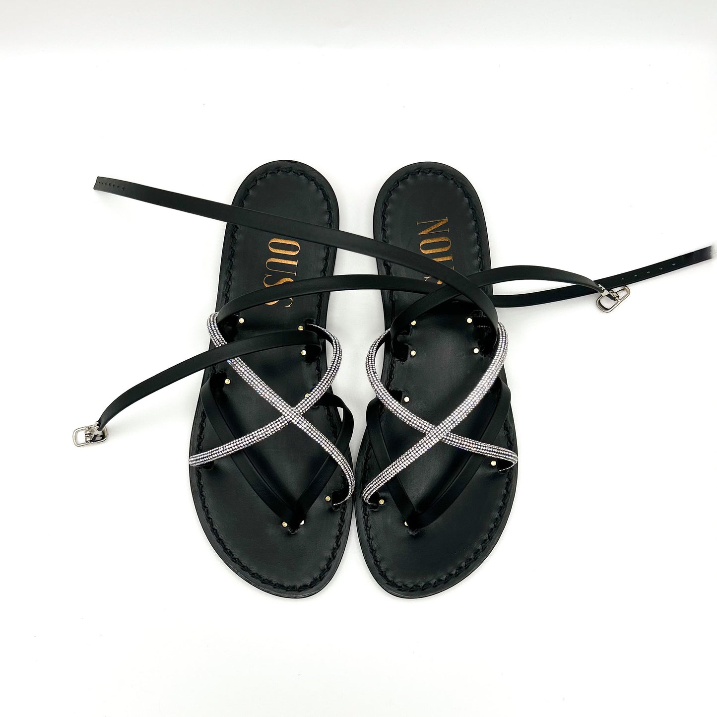 Sandales Noires Femme Cuir Calvi Noir Strass Argent - Dessus