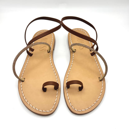 Sandales Femme Cuir Strass Marron/ Or Barcelone - Face