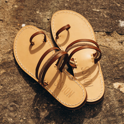 Sandales Femme Cuir Strass Marron Or Nice- dessus