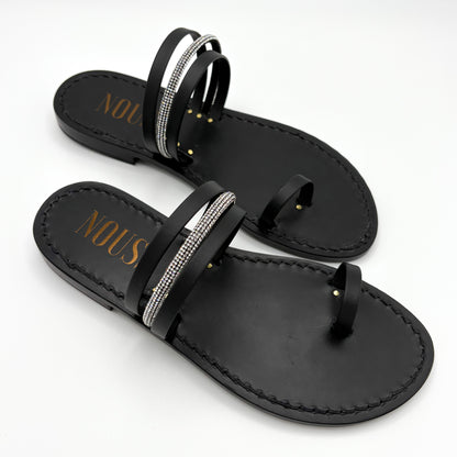 Sandales Femme Cuir Strass Noir - Côté