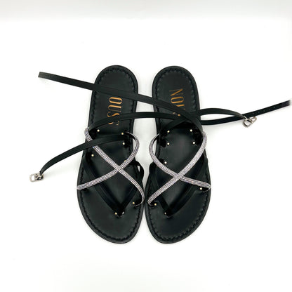 Sandales Noires Femme Cuir Calvi Noir Strass Argent - Dessus