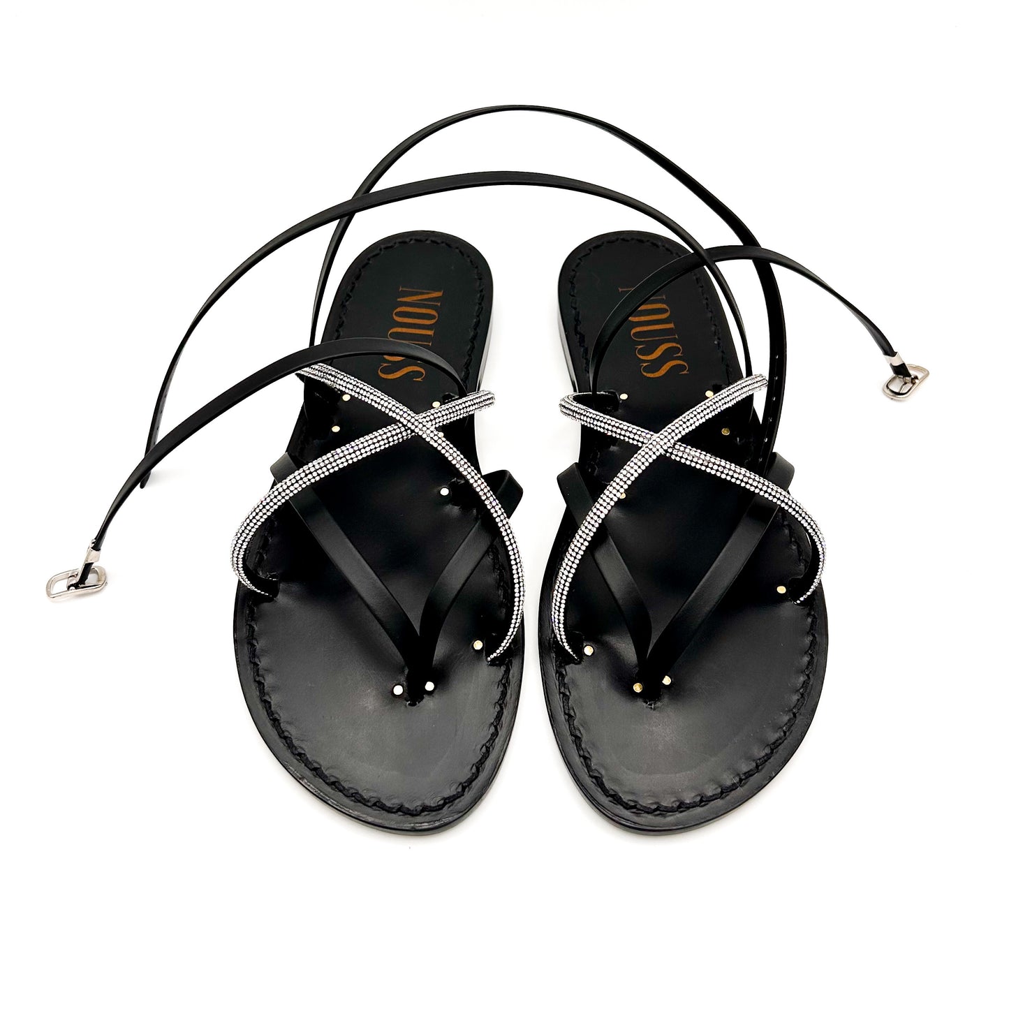Sandales Noires Femme Cuir Calvi Noir Strass Argent - Devant