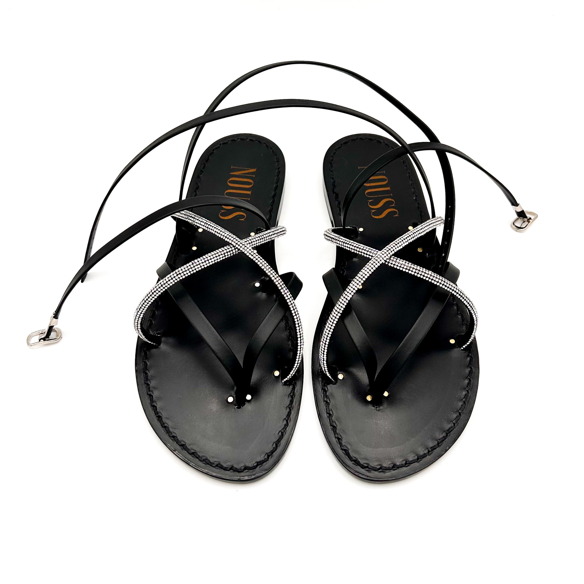 Sandales Noires Femme Cuir Calvi Noir Strass Argent - Devant