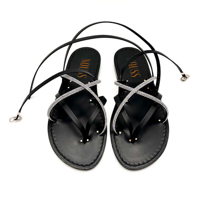Sandales Noires Femme Cuir Calvi Noir Strass Argent - Devant