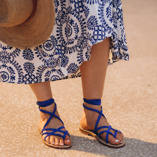 Sandales Plates Cuir Femme Bleu Klein Calvi Montantes- face