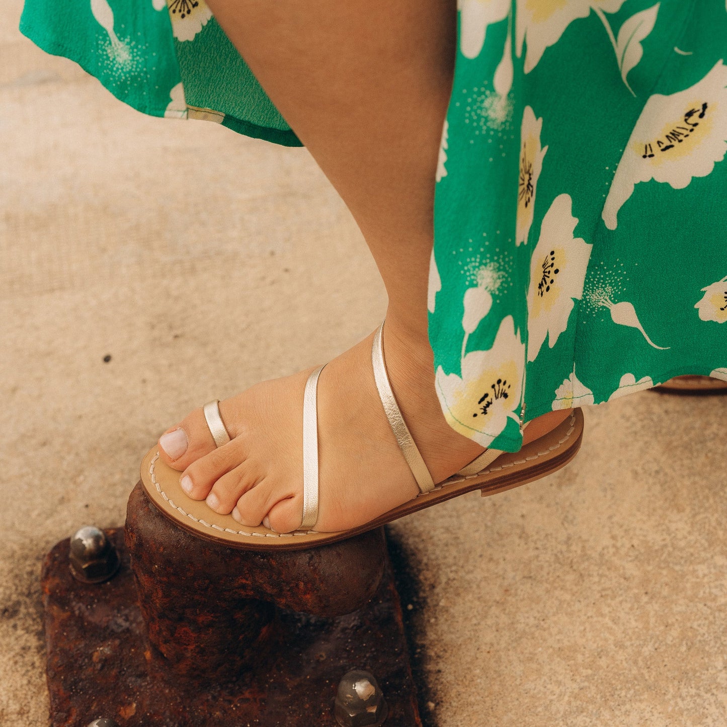 Sandales Plates Cuir Femme Champagne Barcelone - dessus