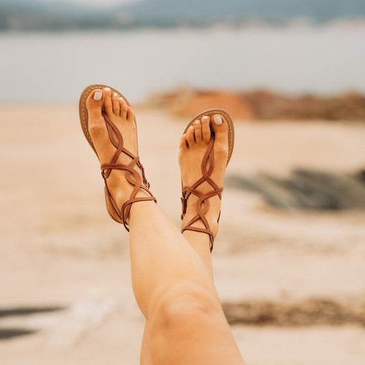 Sandales Plates Cuir Femme Marron Pompei - levees