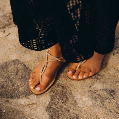 Sandales Plates Cuir Femme Strass Or Ibiza - avant