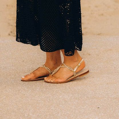 Sandales Plates Cuir Femme Strass Or Ibiza - cote