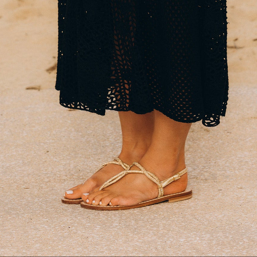 Sandales Plates Cuir Femme Strass Or Ibiza - cote 2