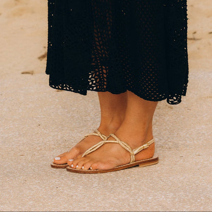 Sandales Plates Cuir Femme Strass Or Ibiza - cote 2